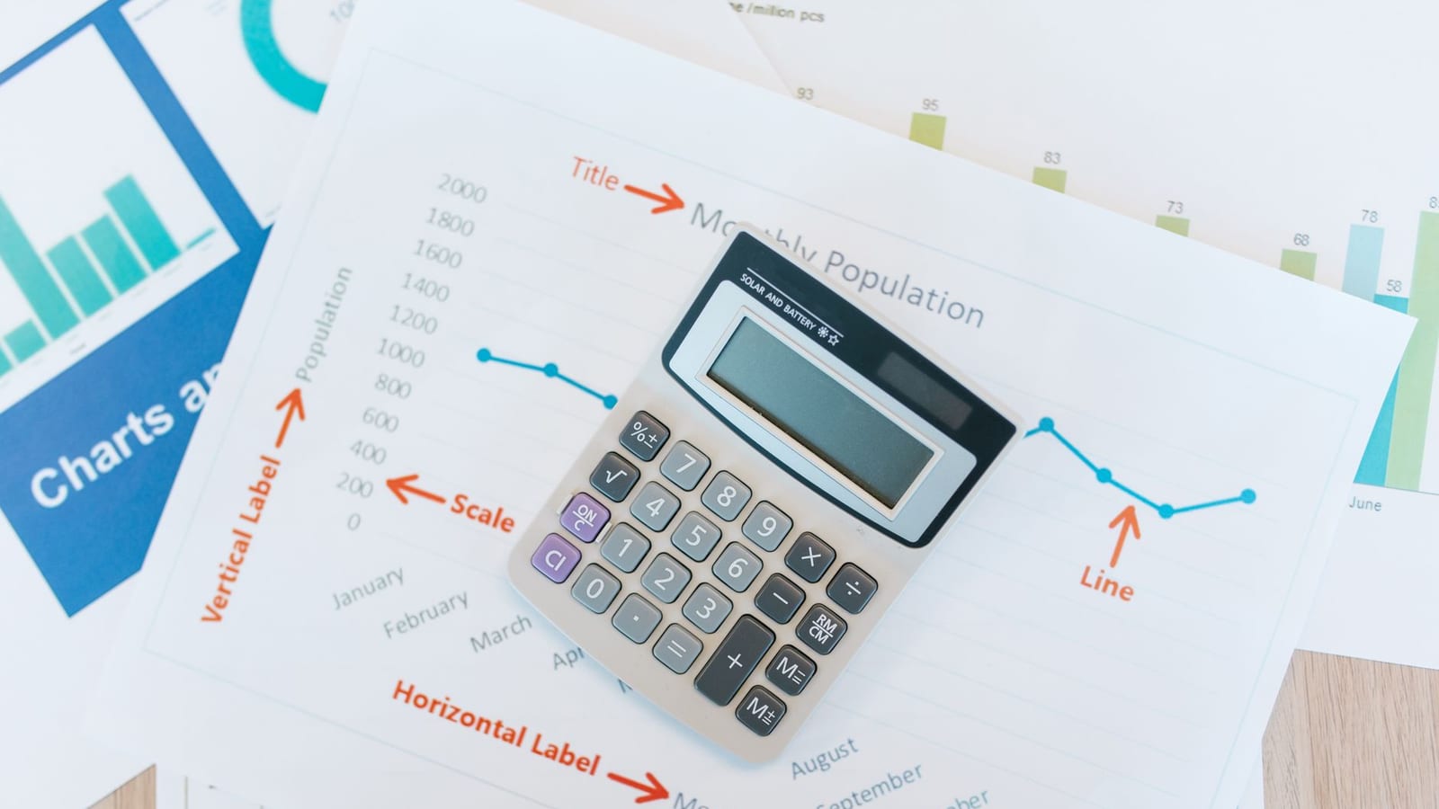 Charts and a calculator on a desk