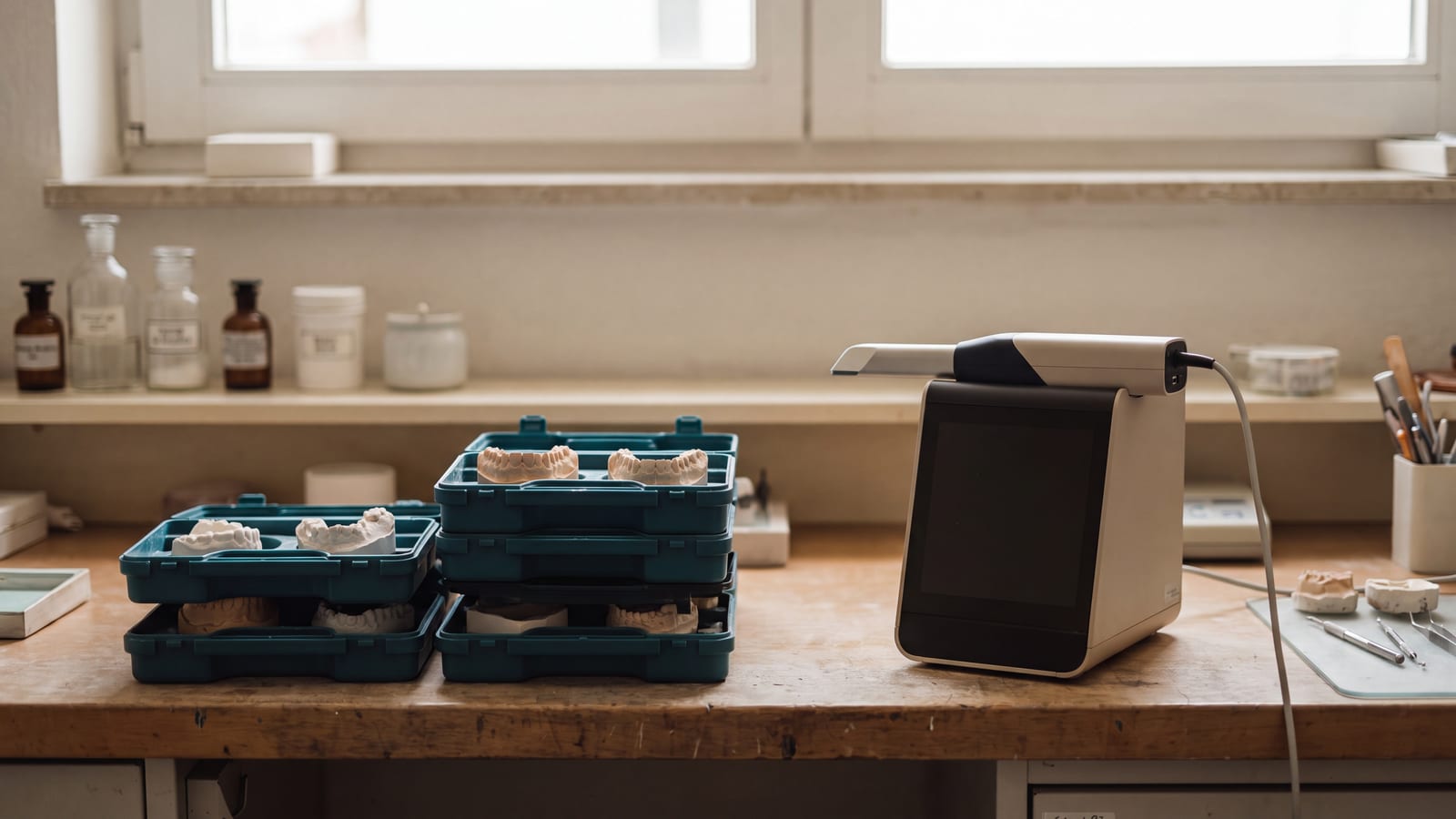 A dental lab workbench with a digital scanner and case trays under soft overhead light