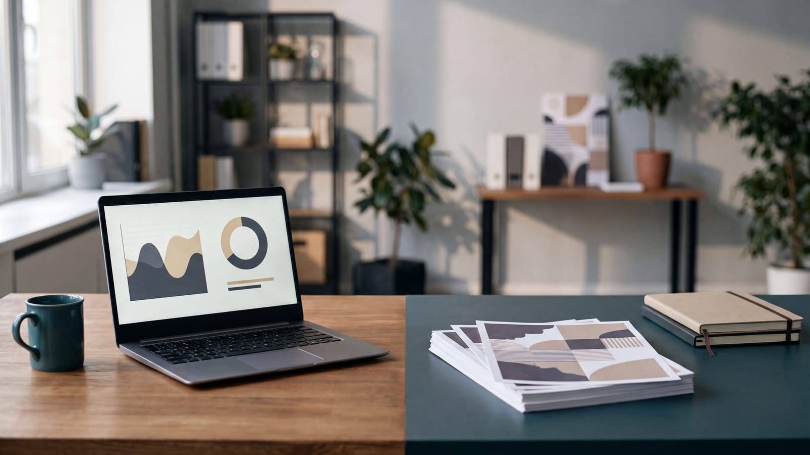 A split desk scene showing a laptop with an ad dashboard on one side and printed marketing materials on the other