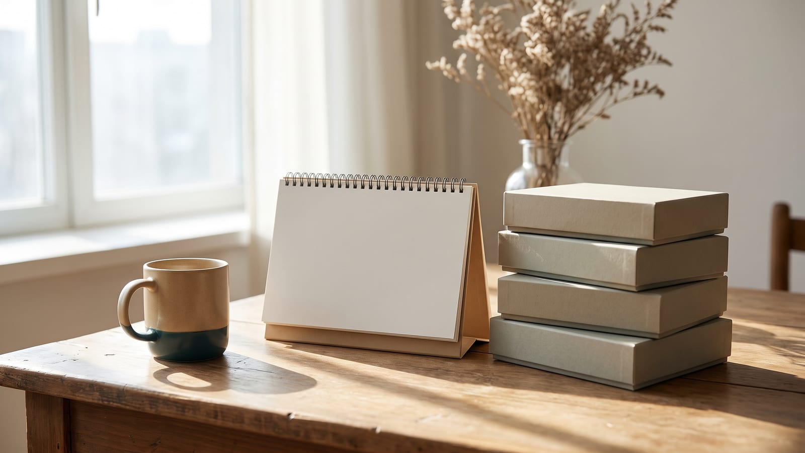 A calendar on a desk next to a small stack of dental lab case boxes, soft window light