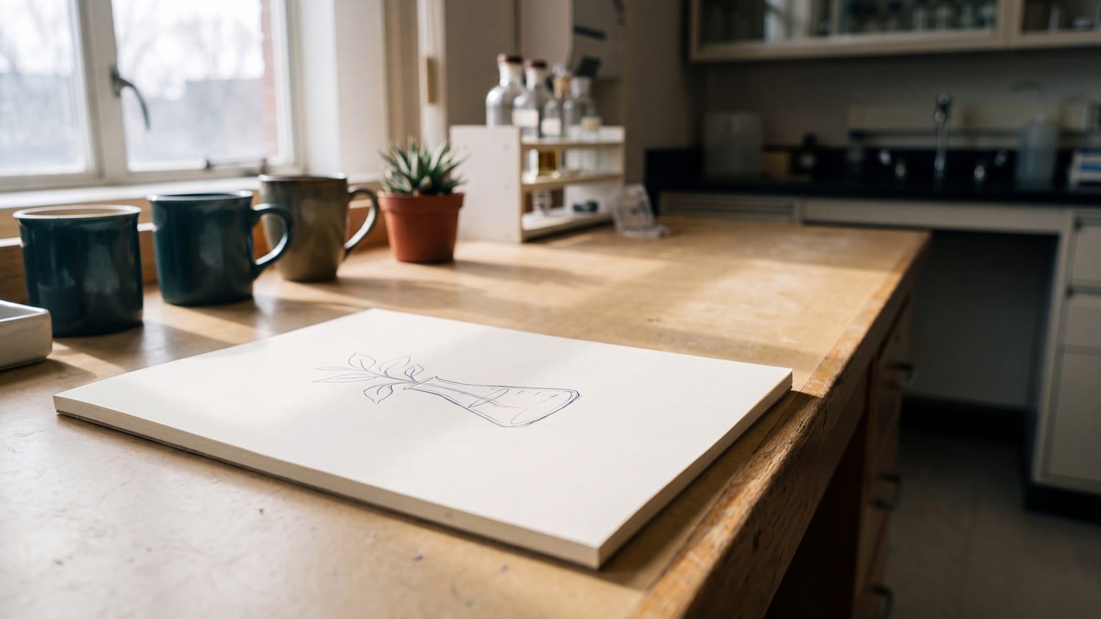 A single sheet of paper with a simple plan outline on a lab office desk, calm and orderly